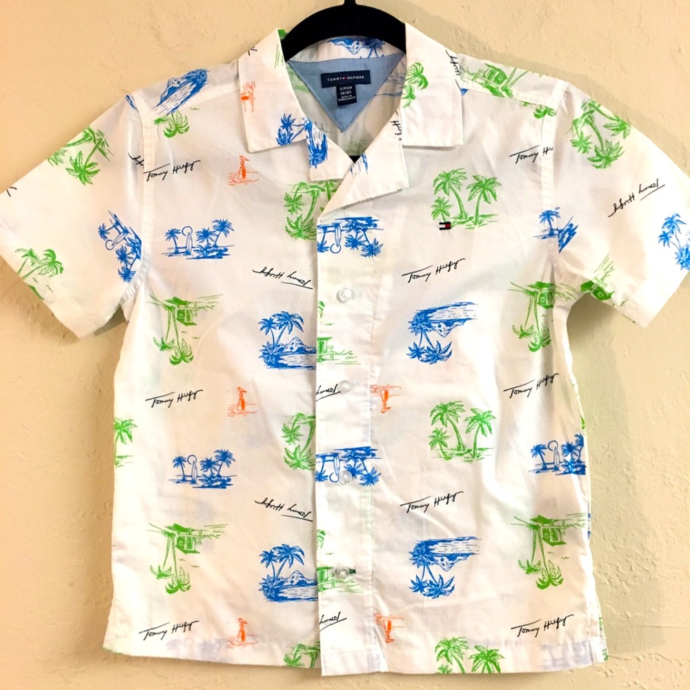 Boys Tommy Hilfiger Short Sleeve Button Up Shirt Size 8/10 Palm Trees Hawaii